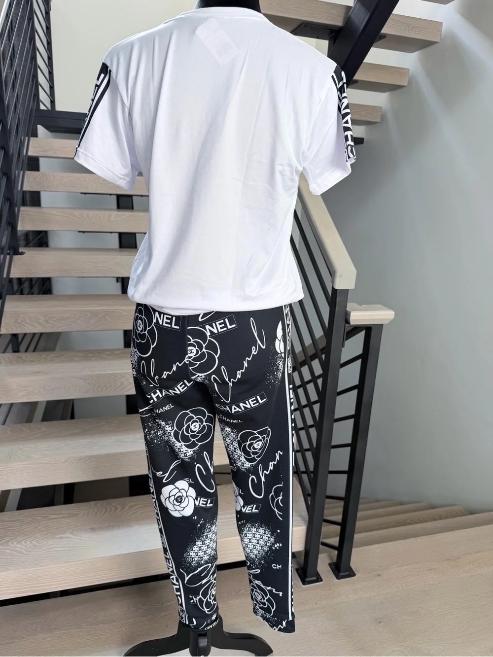 CHANEL White Tee with Black Logo & Black Printed Track Pants size S/M